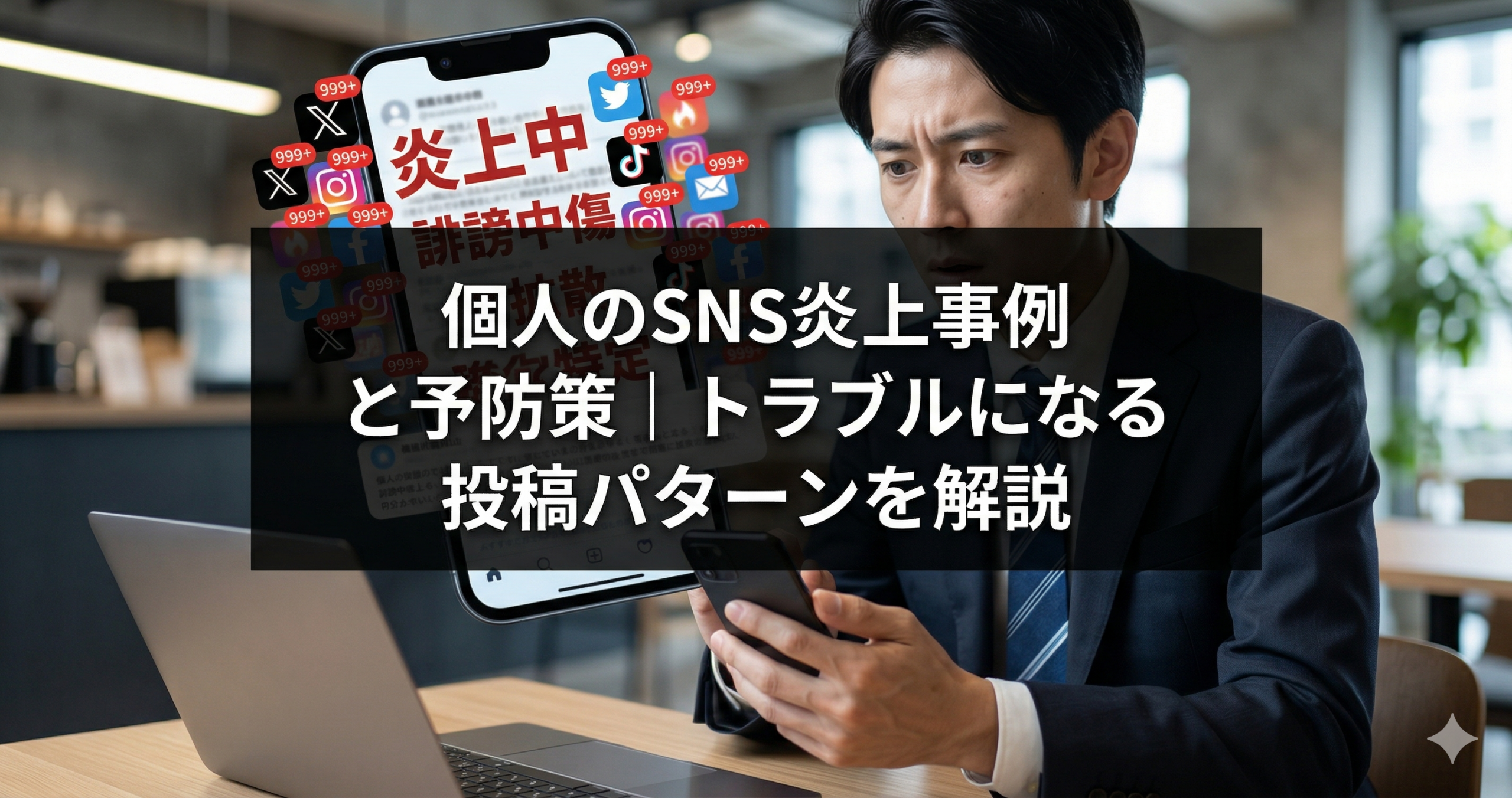 SNSの炎上通知を見て動揺する個人のイメージ