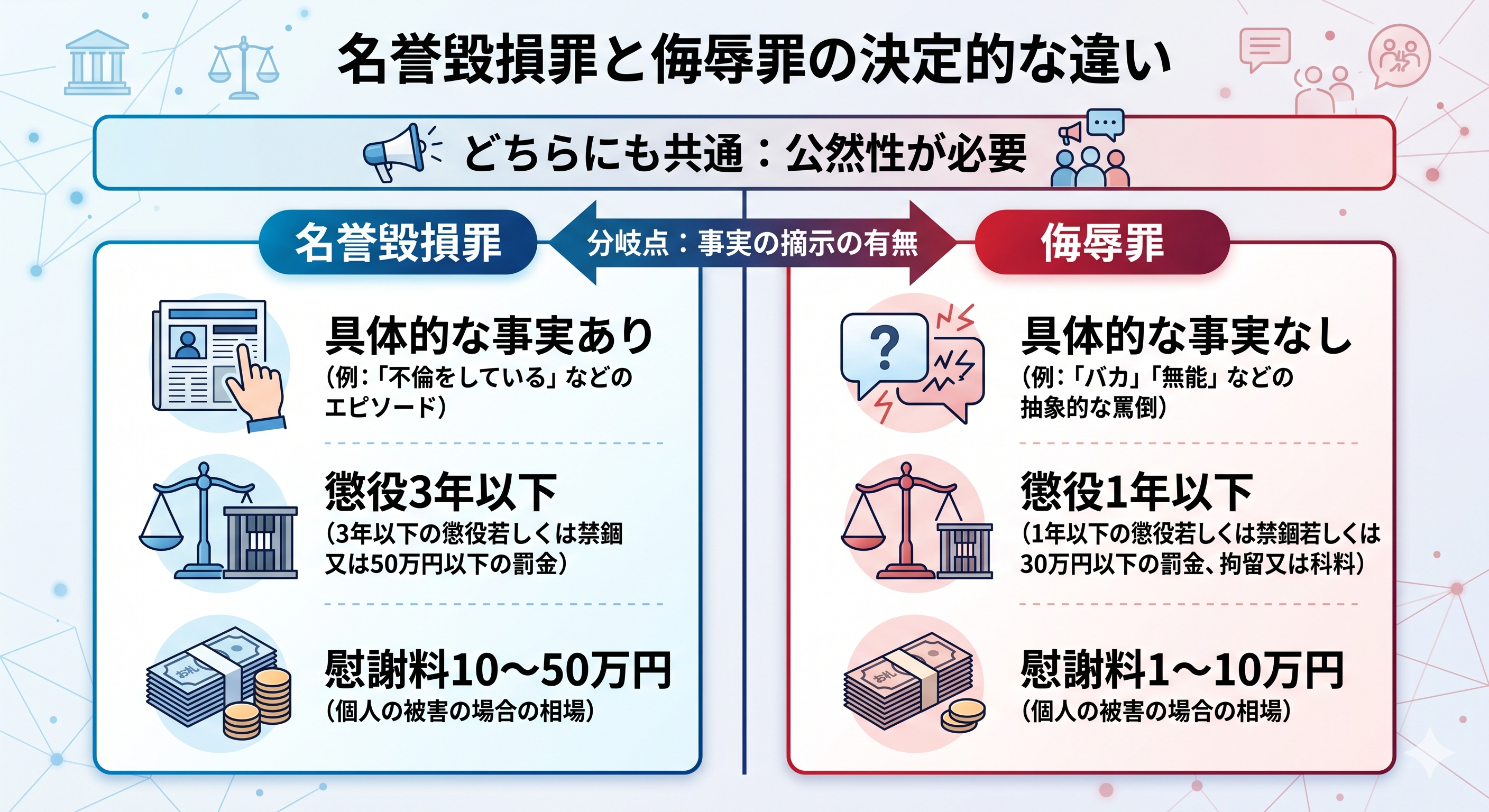 名誉毀損罪と侮辱罪の違いを比較した図解