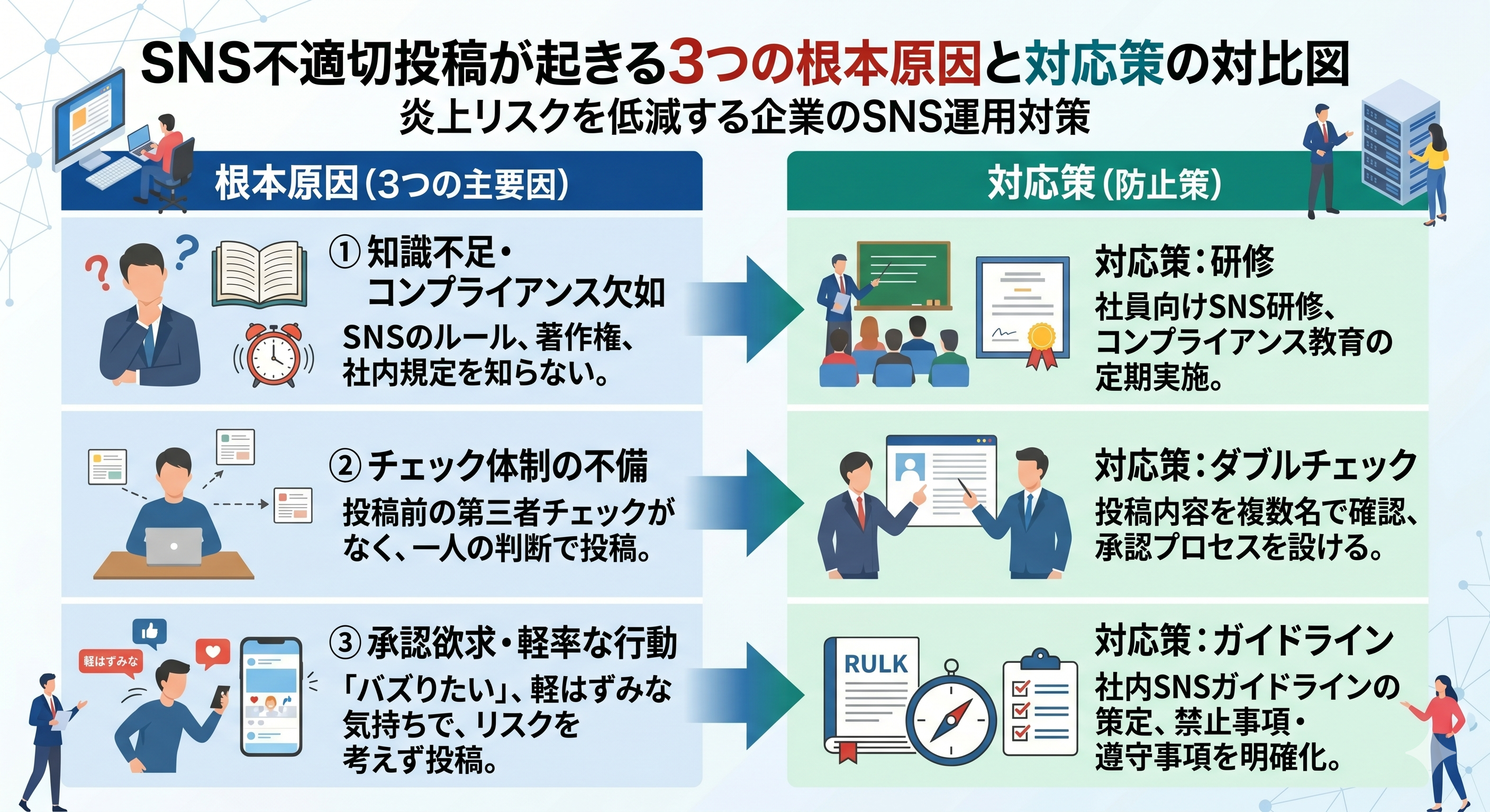 SNS不適切投稿が起きる3つの原因と防止策の対比図