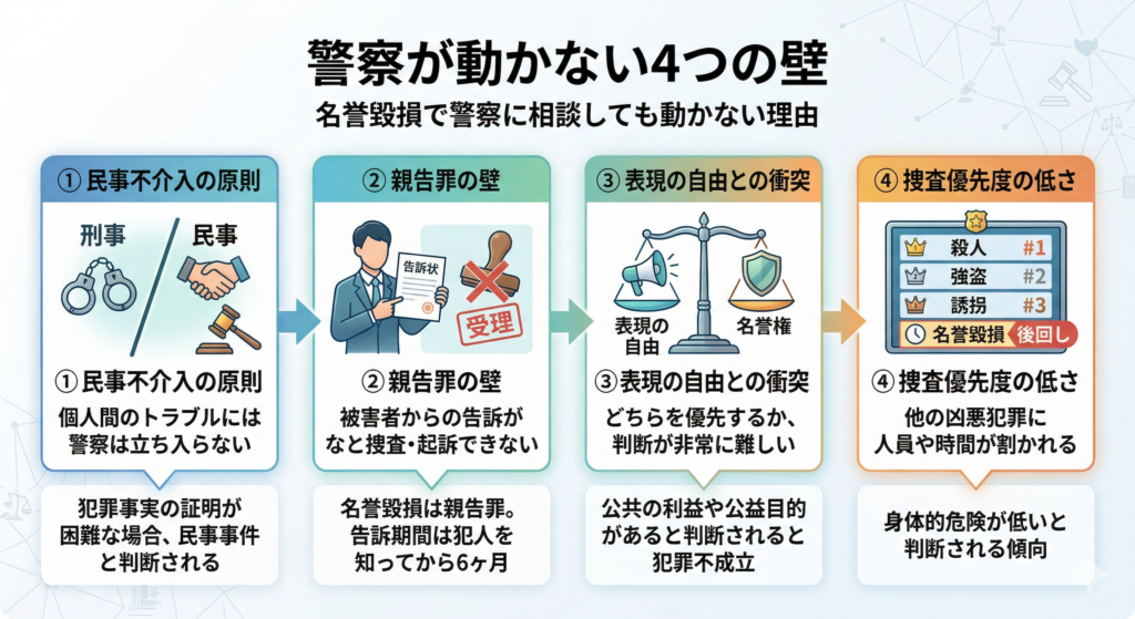 名誉毀損で警察が動かない理由を示した図解