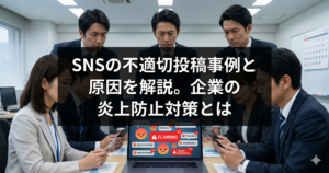SNSの不適切投稿による企業炎上への対応を協議するビジネスパーソンたち