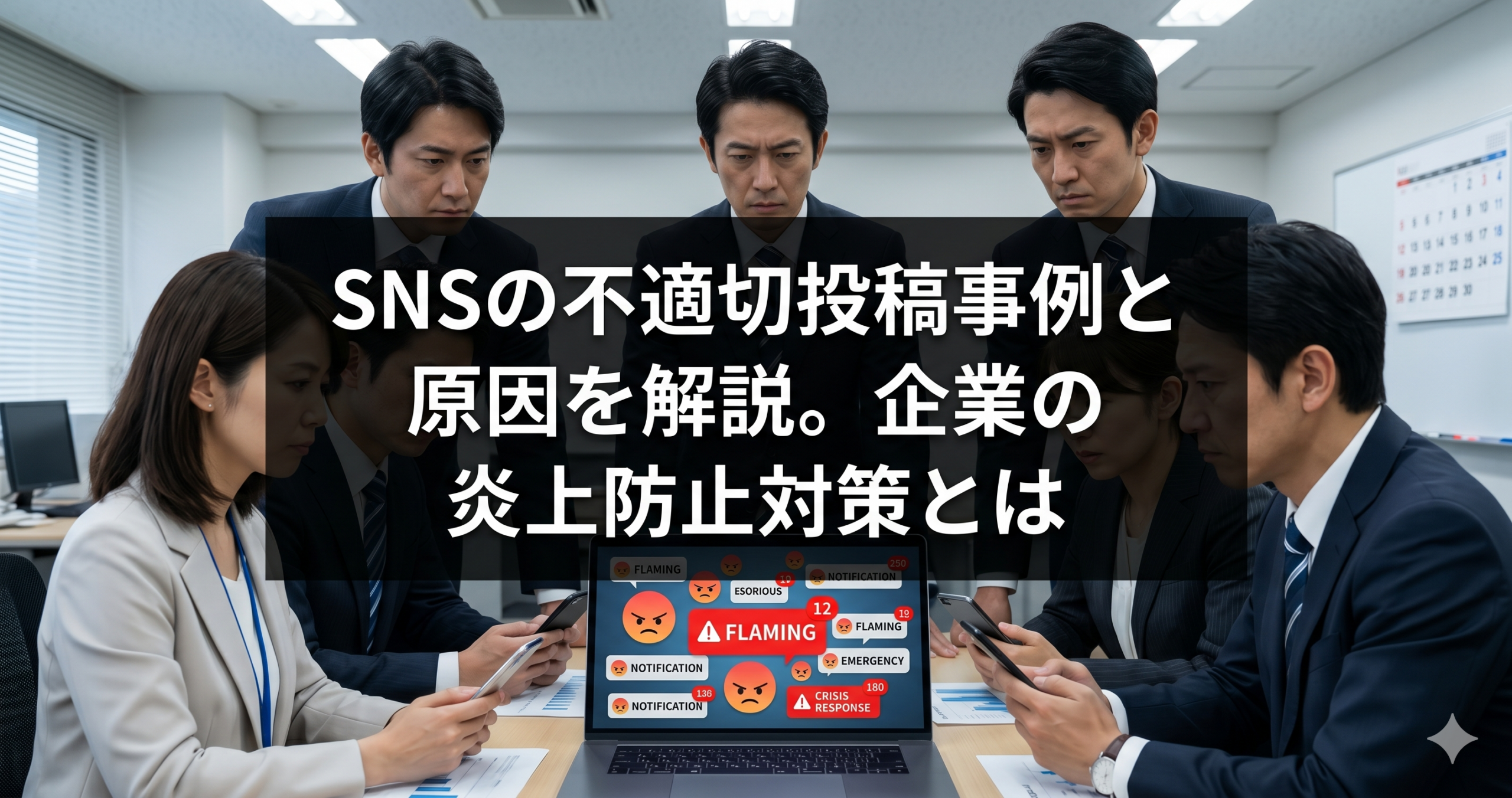 SNSの不適切投稿による企業炎上への対応を協議するビジネスパーソンたち