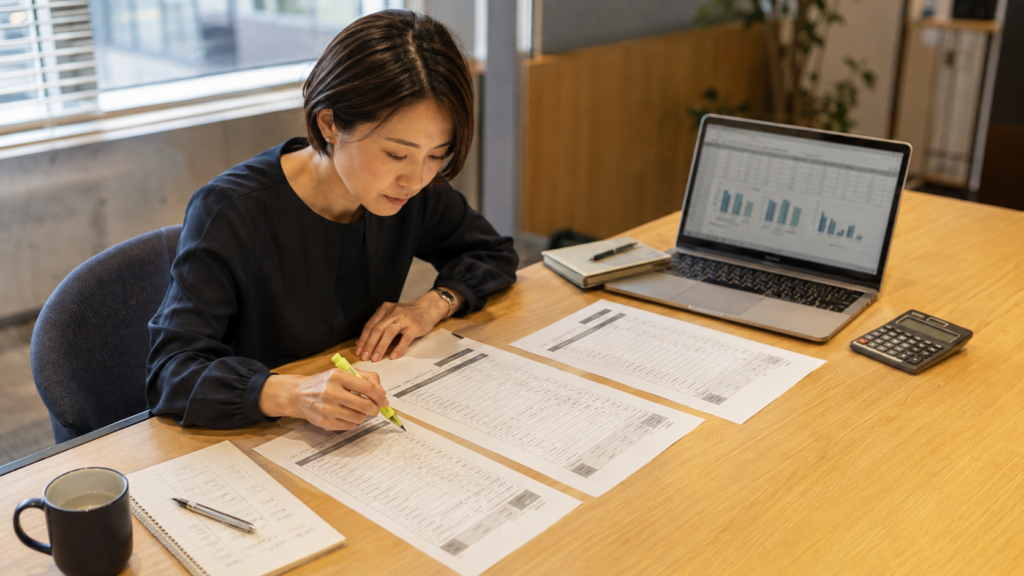 Japanese manager comparing quotations
