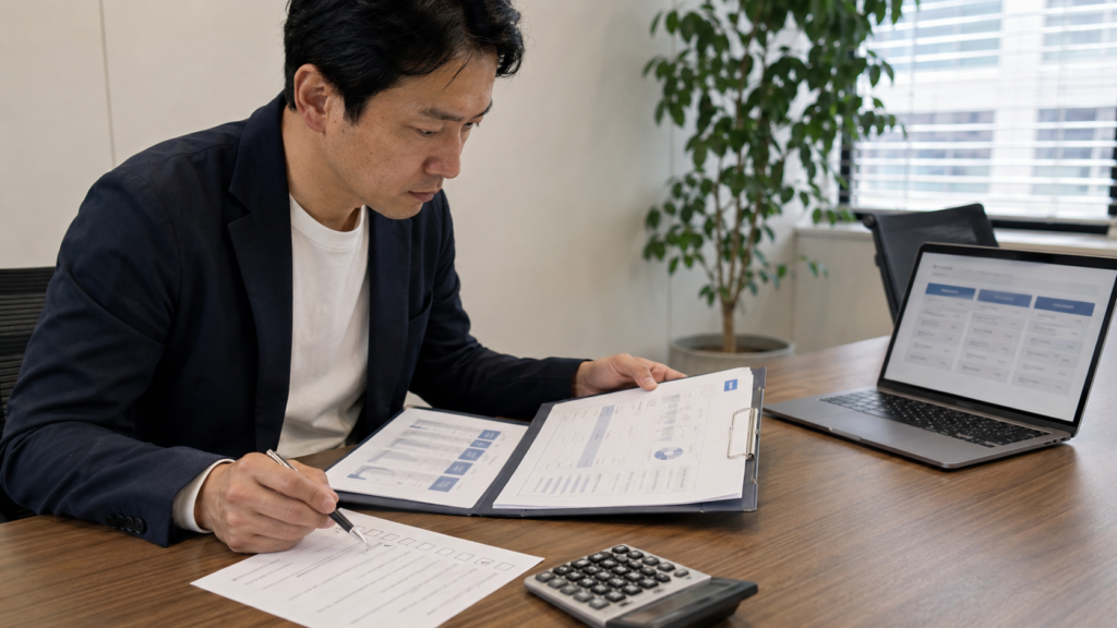 Japanese manager reviewing vendor proposals