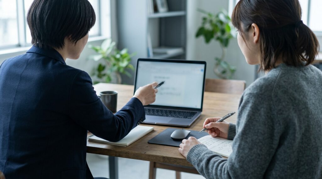 パソコンで検索結果を確認しながら打ち合わせをする様子