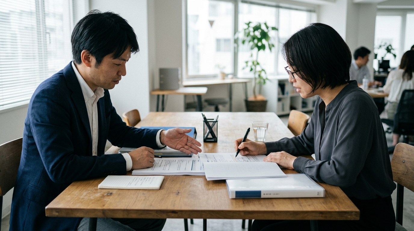 相談内容を資料で確認しながら打ち合わせをする様子