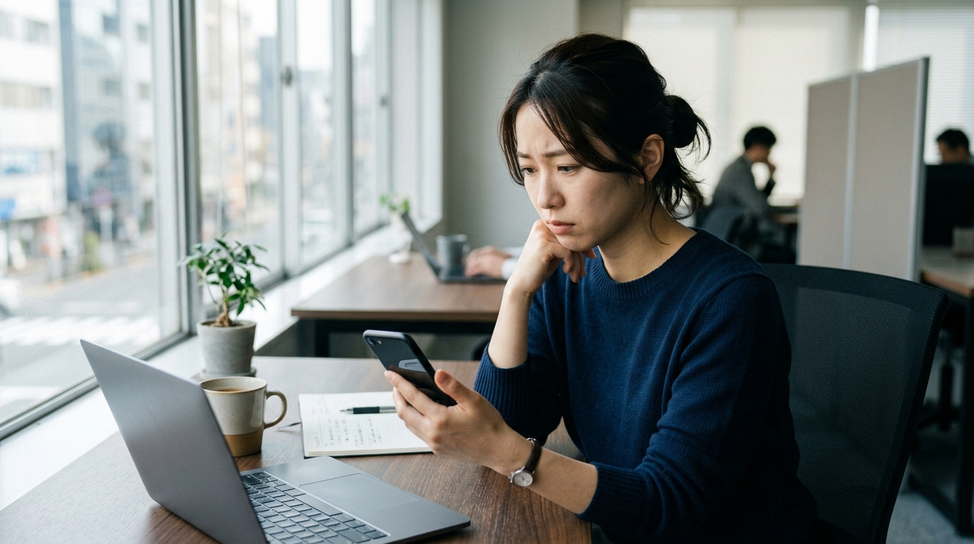 スマートフォンで検索結果を確認する担当者の様子