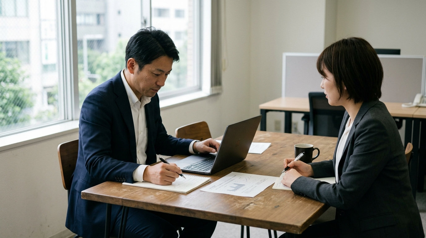 検索状況の調査結果を確認しながら相談を行う打ち合わせの様子