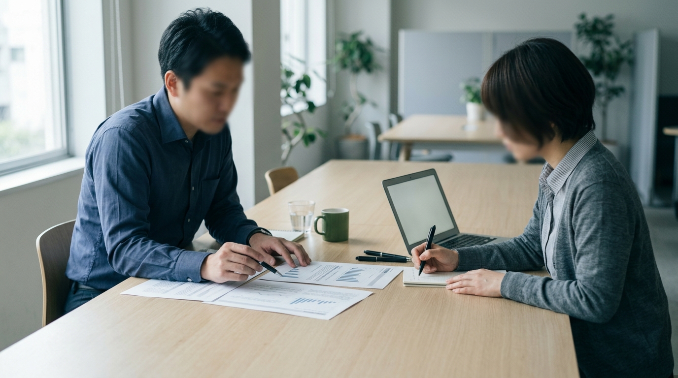 打ち合わせテーブルで調査結果を確認する担当者2名の様子