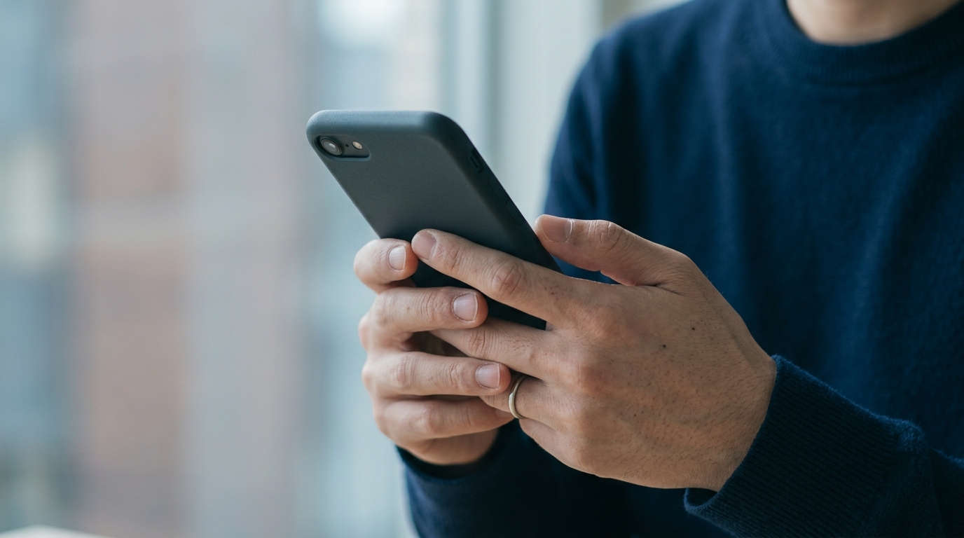 スマートフォンで検索結果を確認する手元のクローズアップ