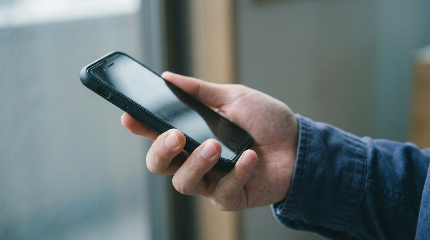 スマートフォンを片手で操作している手元のクローズアップ