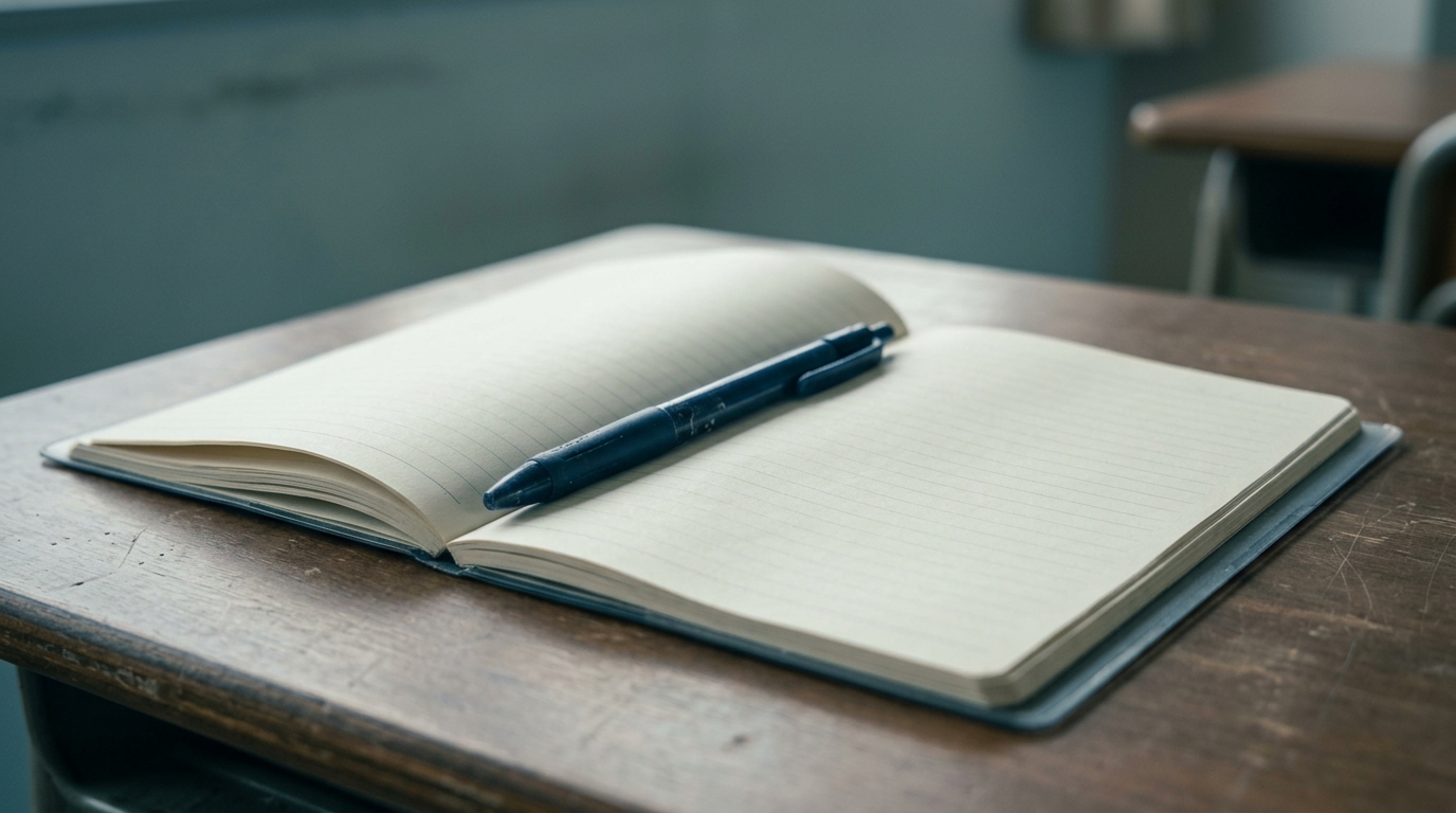 検索状況を書き出した打ち合わせ用のノートとペン