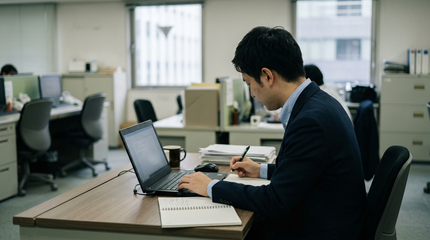 パソコンの画面を確認しながら手帳に記録する会社員