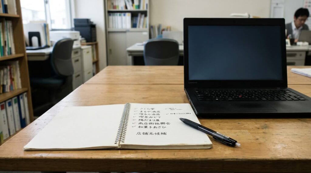 店舗名を書き出したノートとノートパソコンが置かれた事務机