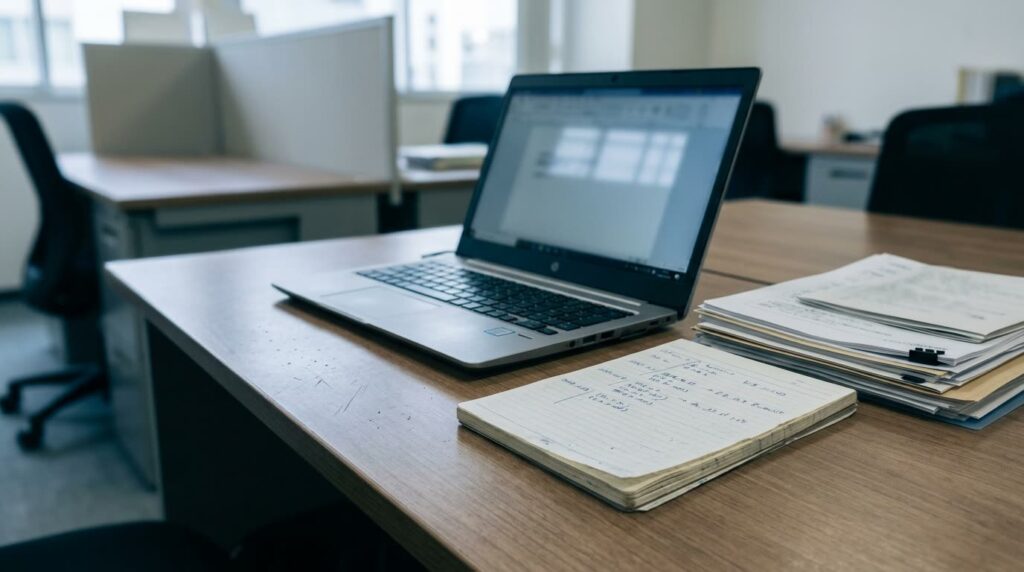 記録を取りながら投稿を保存している執務席のデスク全体