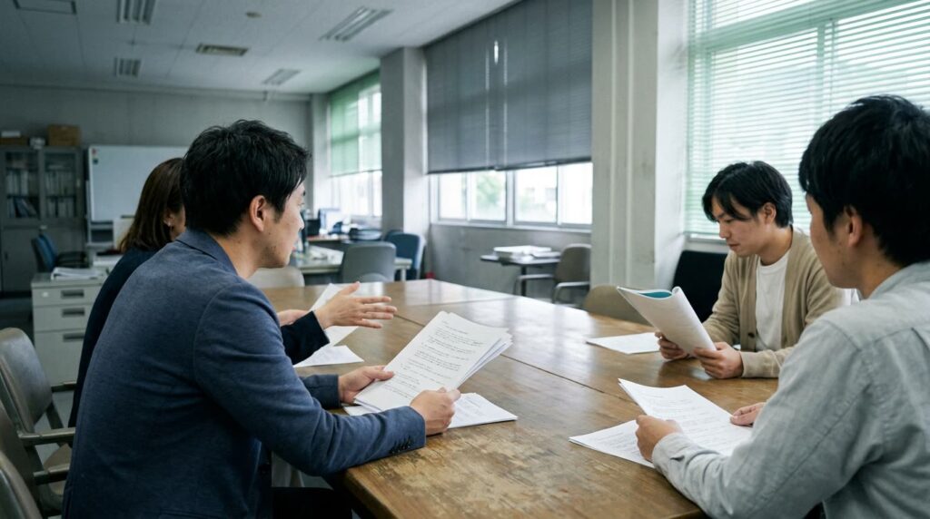 会議室で対応方針を話し合う広報担当者たち